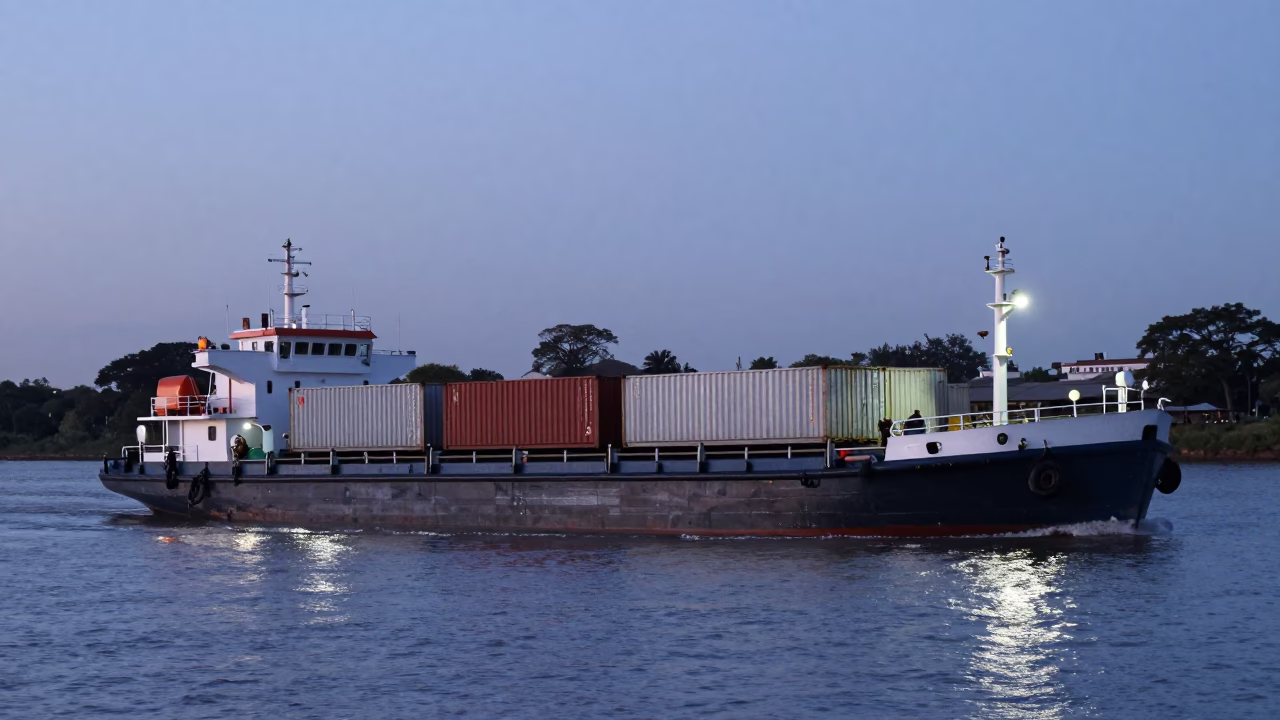 Nautical Dawn Light Illuminating Cargo Barge on Buenos Aires Waterway in in Buenos Aires, Argentina