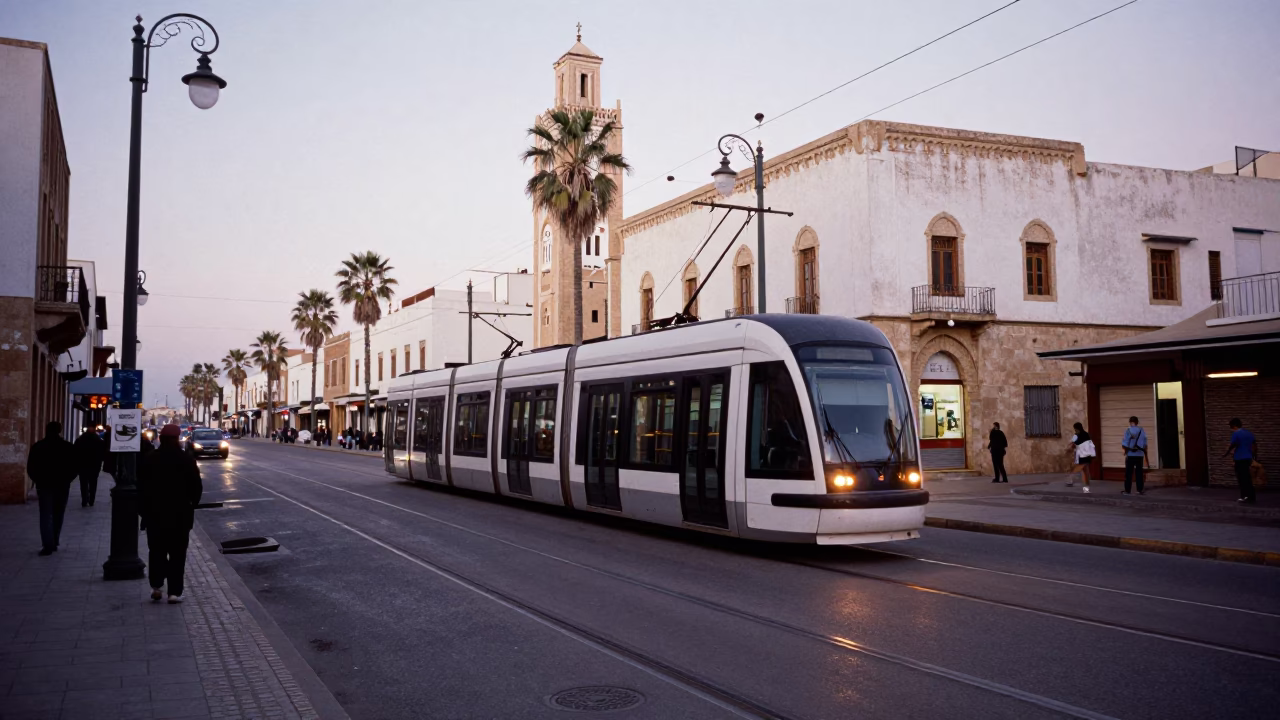 Nautical Dawn Light Illuminating Casablanca Street Scene with Tram and Urban Life in in Casablanca, Morocco