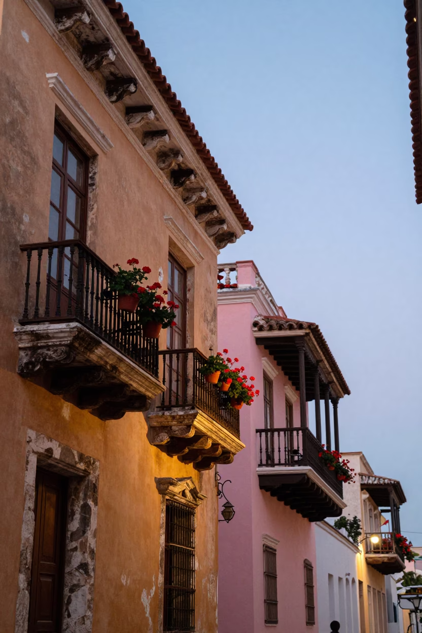 Nautical Dawn Light Illuminating Colonial Balconies and Street Life in Cartagena Colombia in in Cartagena, Colombia