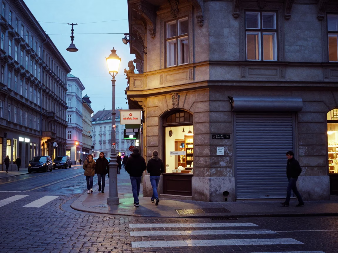 Nautical Dawn Light Illuminating Historic Vienna Street Corner with Cobblestones and Early Morning Commuters in in Vienna, Austria