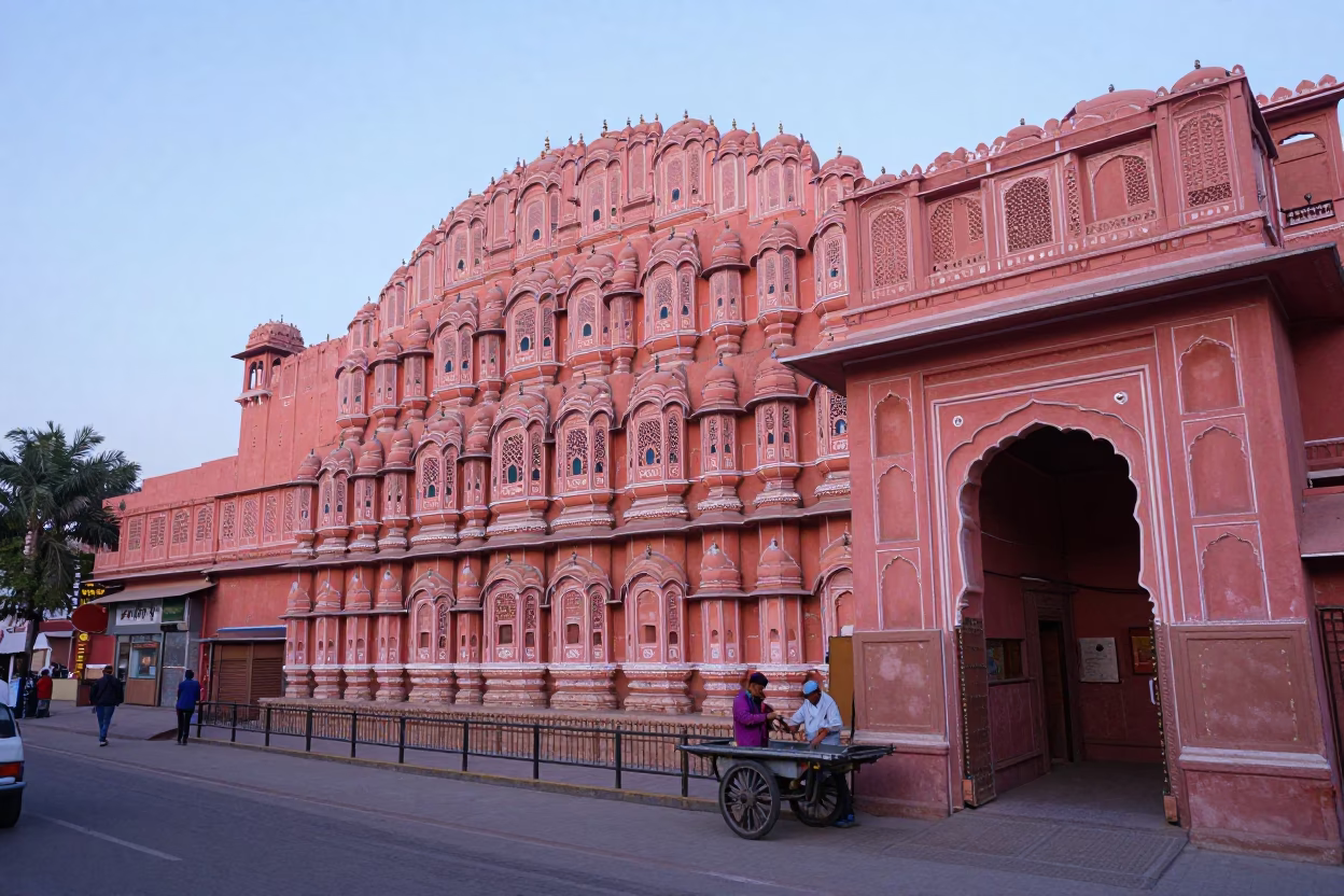 Nautical Dawn Light Illuminating Jaipur Pink City Street Scene with Traditional Architecture in in Jaipur, India