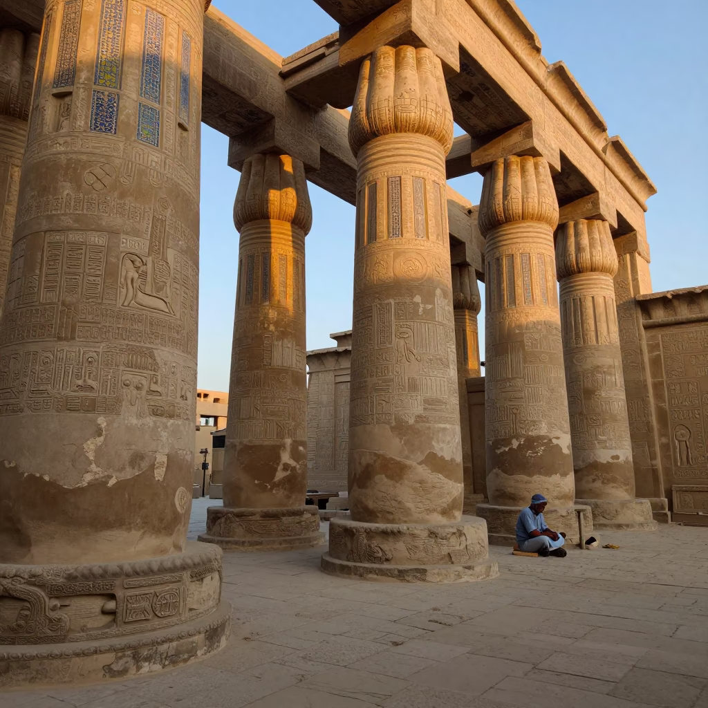 Nautical Dawn Light Illuminating Luxor Temple Columns with Majolica Plates on Stone in in Luxor, Egypt