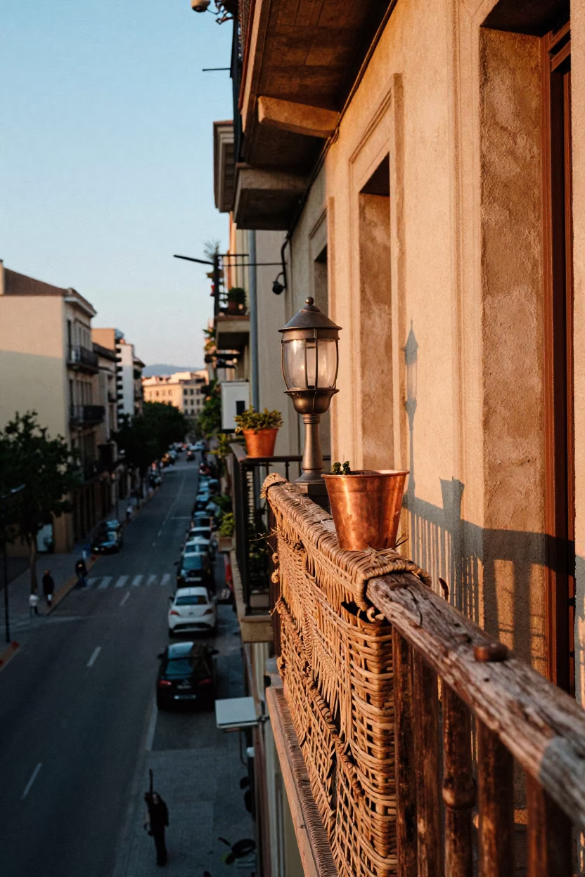 Nautical Dawn Light in Barcelona with Copper Pots and Woven Cane Details in in Barcelona, Spain
