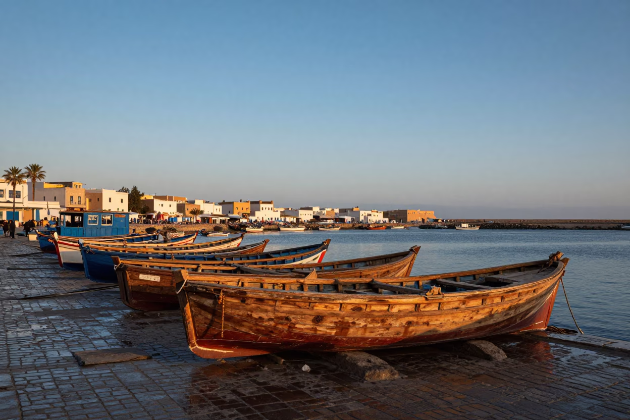 Nautical Dawn Light in Essaouira Morocco Fishing Port with Wooden Boats in in Essaouira, Morocco