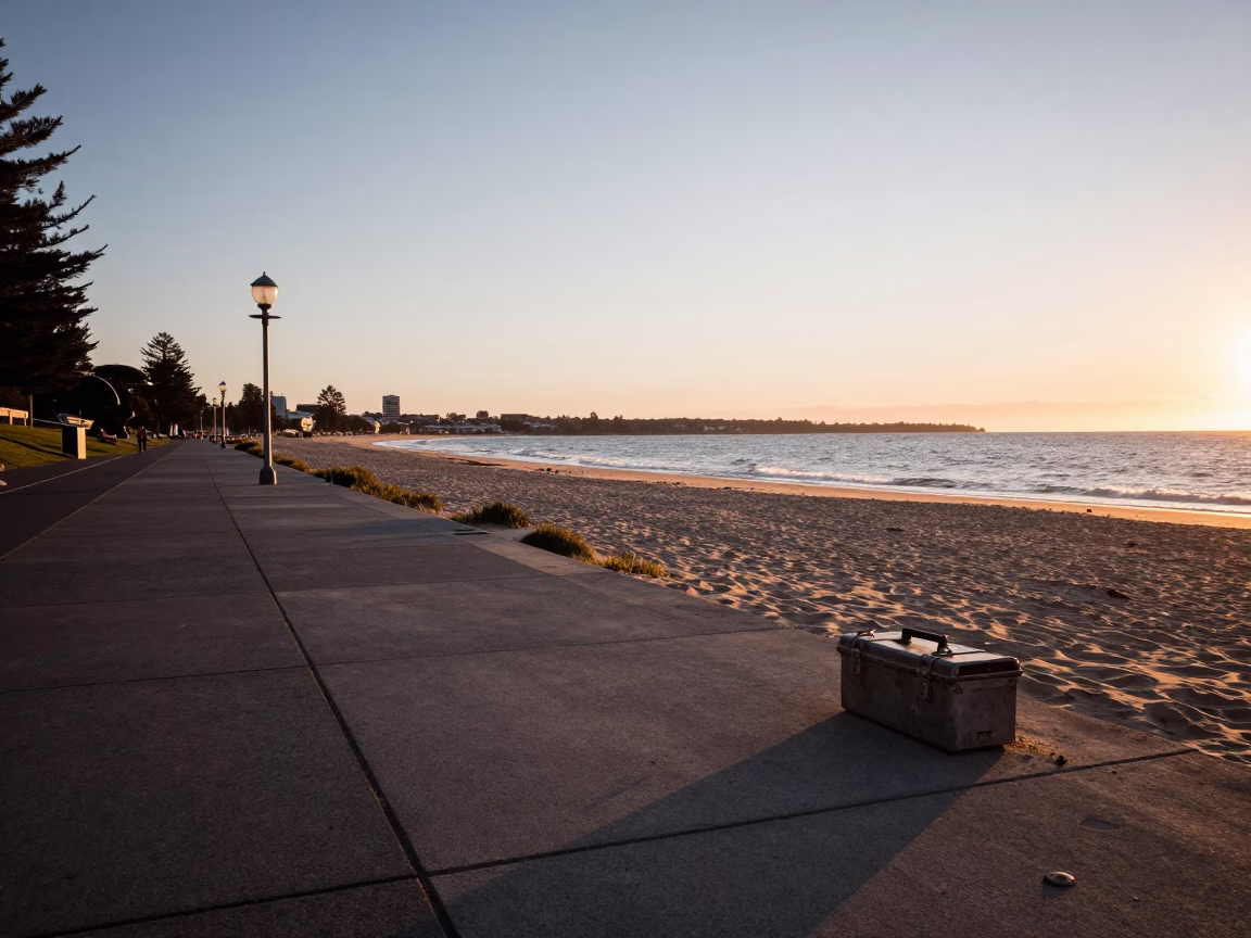 Nautical Dawn Light on Adelaide Beach Promenade with Toolbox and Glass Vases in in Adelaide, South Australia, Australia