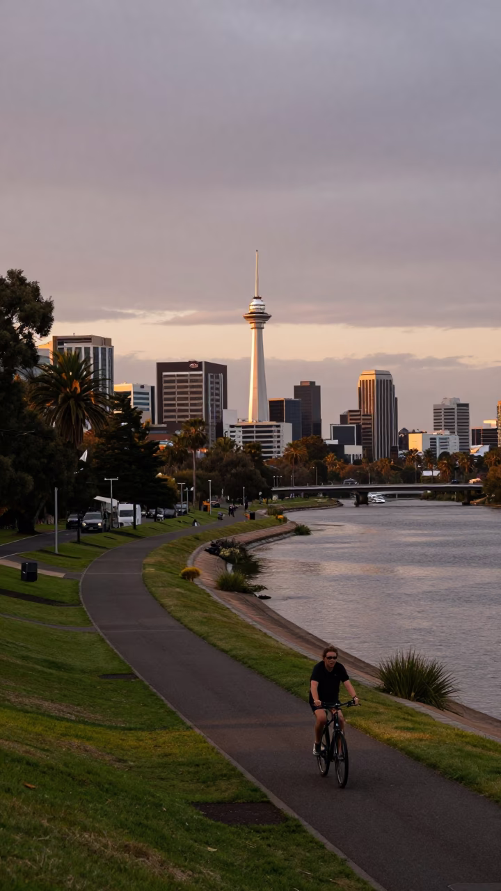 Nautical Dawn Light on Adelaide Riverbank with Local Street Life in in Adelaide, South Australia, Australia