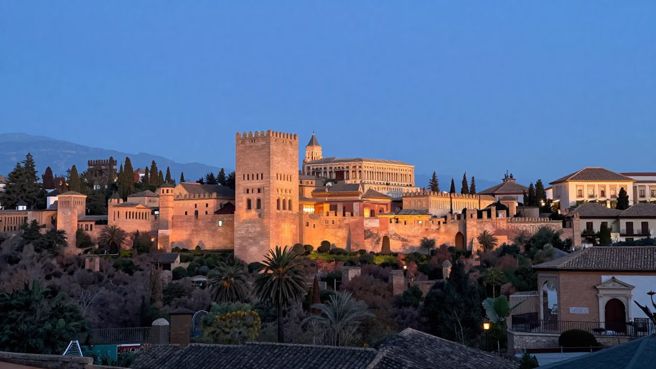 Nautical Dawn Light on Alhambra Stone Walls and Plaza de los Tristes Granada Spain in in Granada, Spain