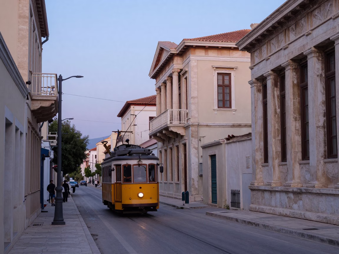 Nautical Dawn Light on Ancient Athenian Street with Tram and Morning Commuters in in Athens, Greece