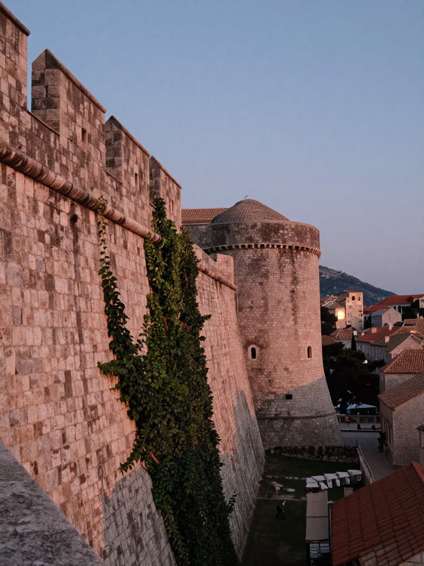 Nautical Dawn Light on Ancient Stone Walls and Ivy in Dubrovnik Croatia in in Dubrovnik, Croatia