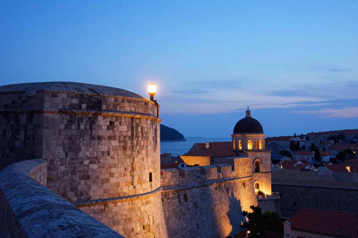 Nautical Dawn Light on Ancient Stone Walls and Sea in Dubrovnik Croatia in in Dubrovnik, Croatia