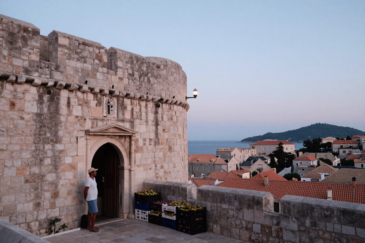 Nautical Dawn Light on Ancient Stone Walls in Dubrovnik Croatia with Street Vendor in in Dubrovnik, Croatia