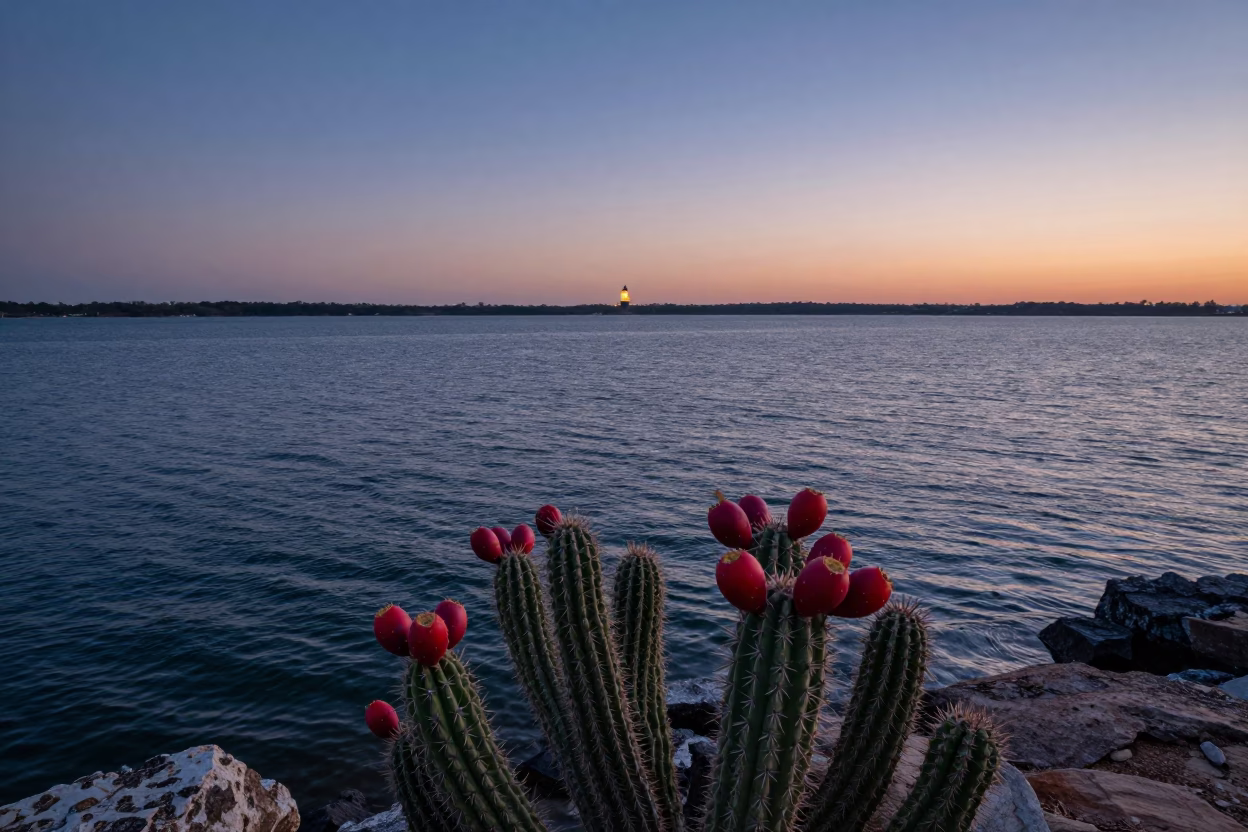 Nautical Dawn Light on Austin Texas Lake Travis Waterfront with Prickly Pear Cactus in in Austin, Texas, United States