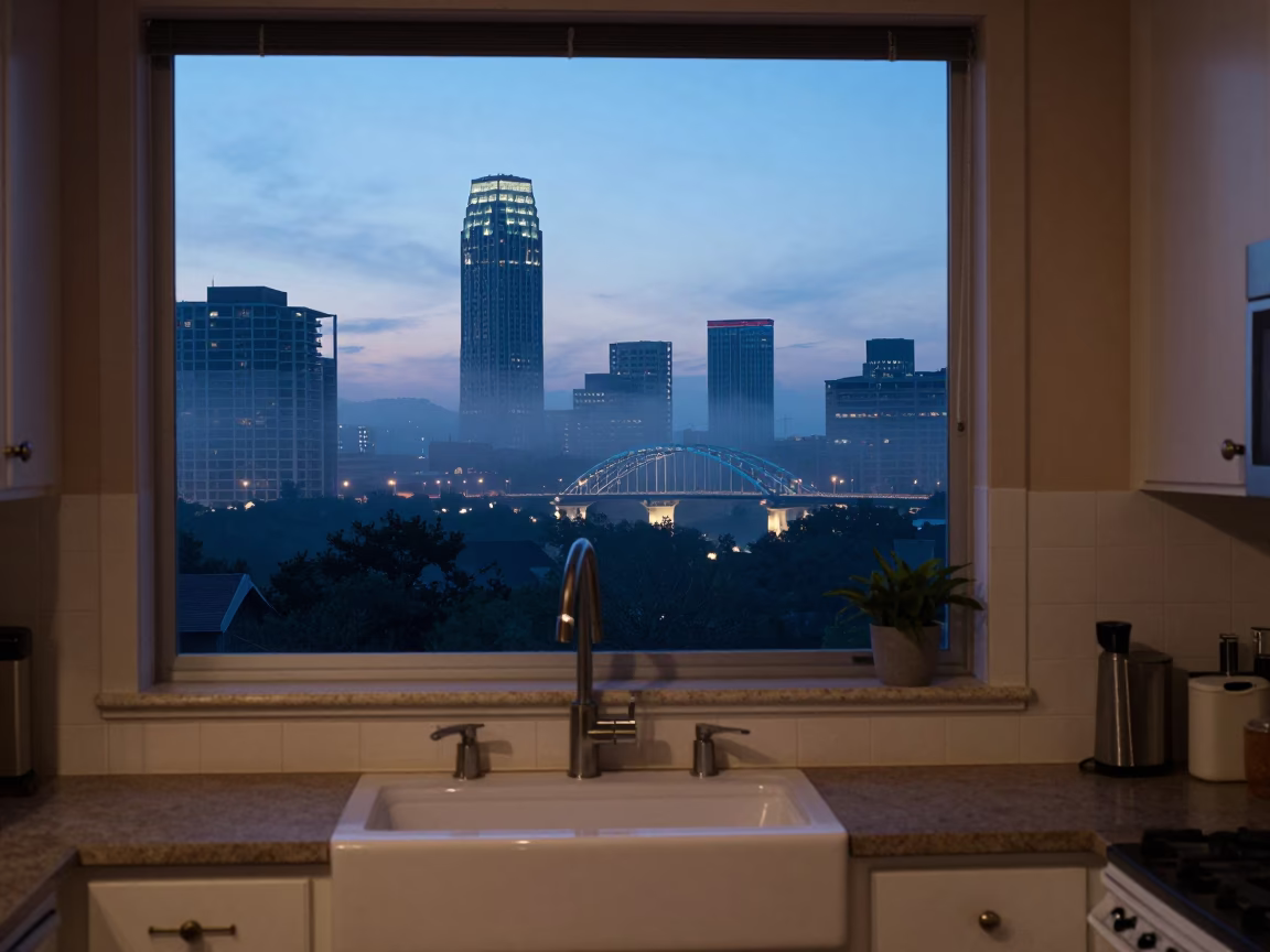 Nautical Dawn Light on Austin Texas Urban Landscape with Kitchen Counter Details in in Austin, Texas, United States