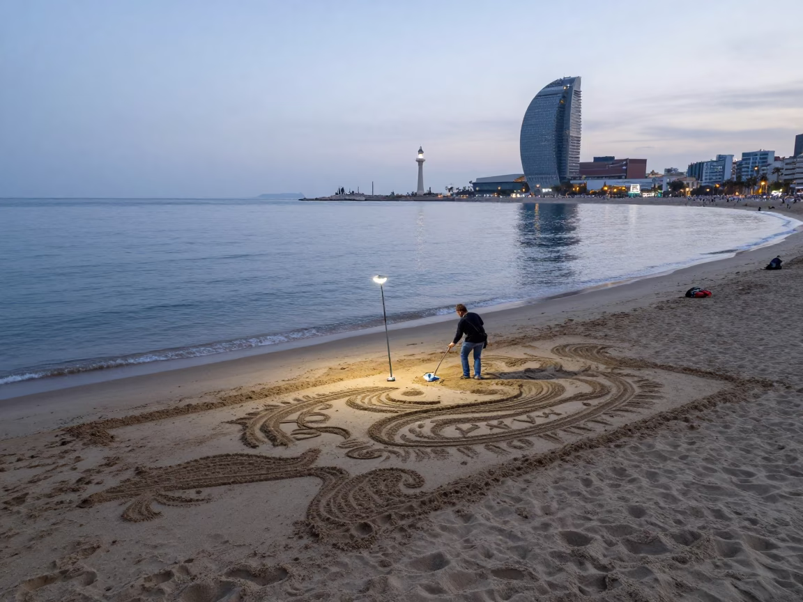 Nautical Dawn Light on Barcelona Beach with Sand Artist and Willow Pond Reflections in in Barcelona, Spain