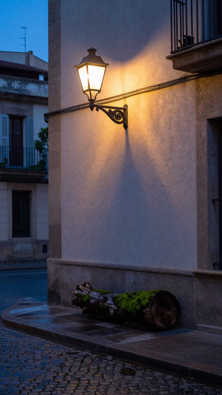 Nautical Dawn Light on Barcelona Street with Bracket Fungus and Ginkgo Leaves in in Barcelona, Spain