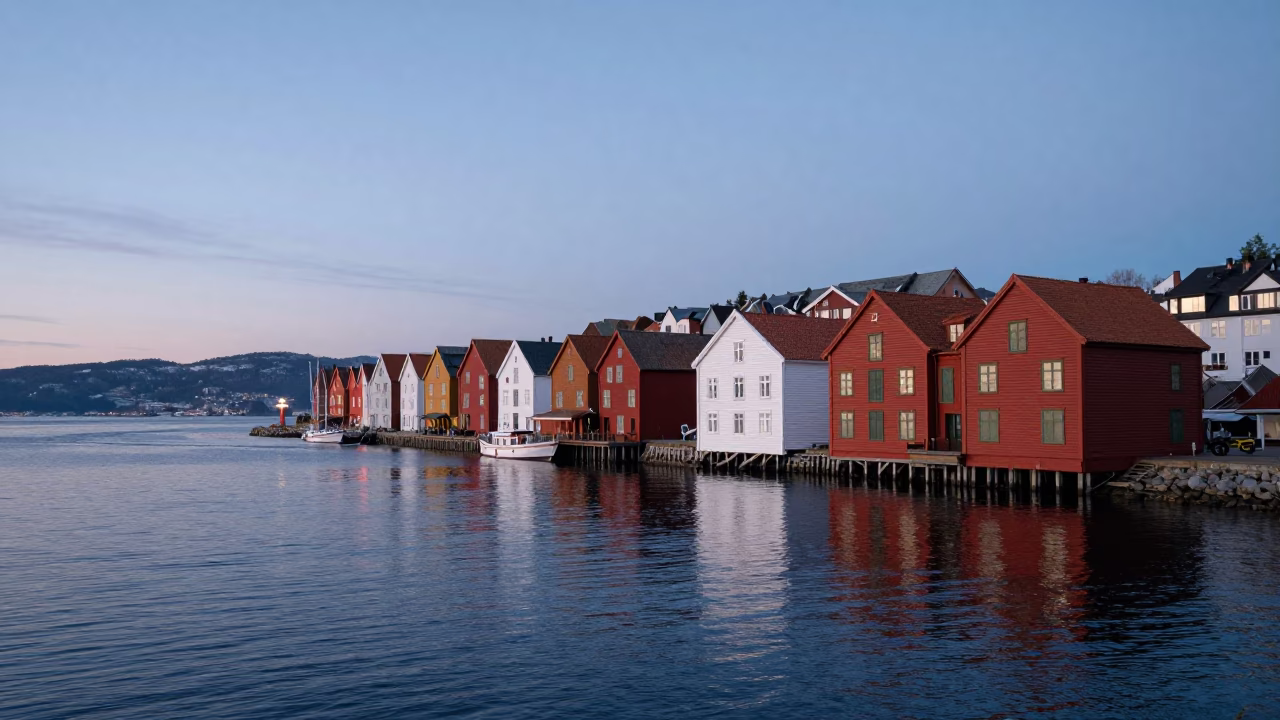 Nautical Dawn Light on Bergen Norway Harbor Waters and Colorful Wharf Buildings in in Bergen, Norway