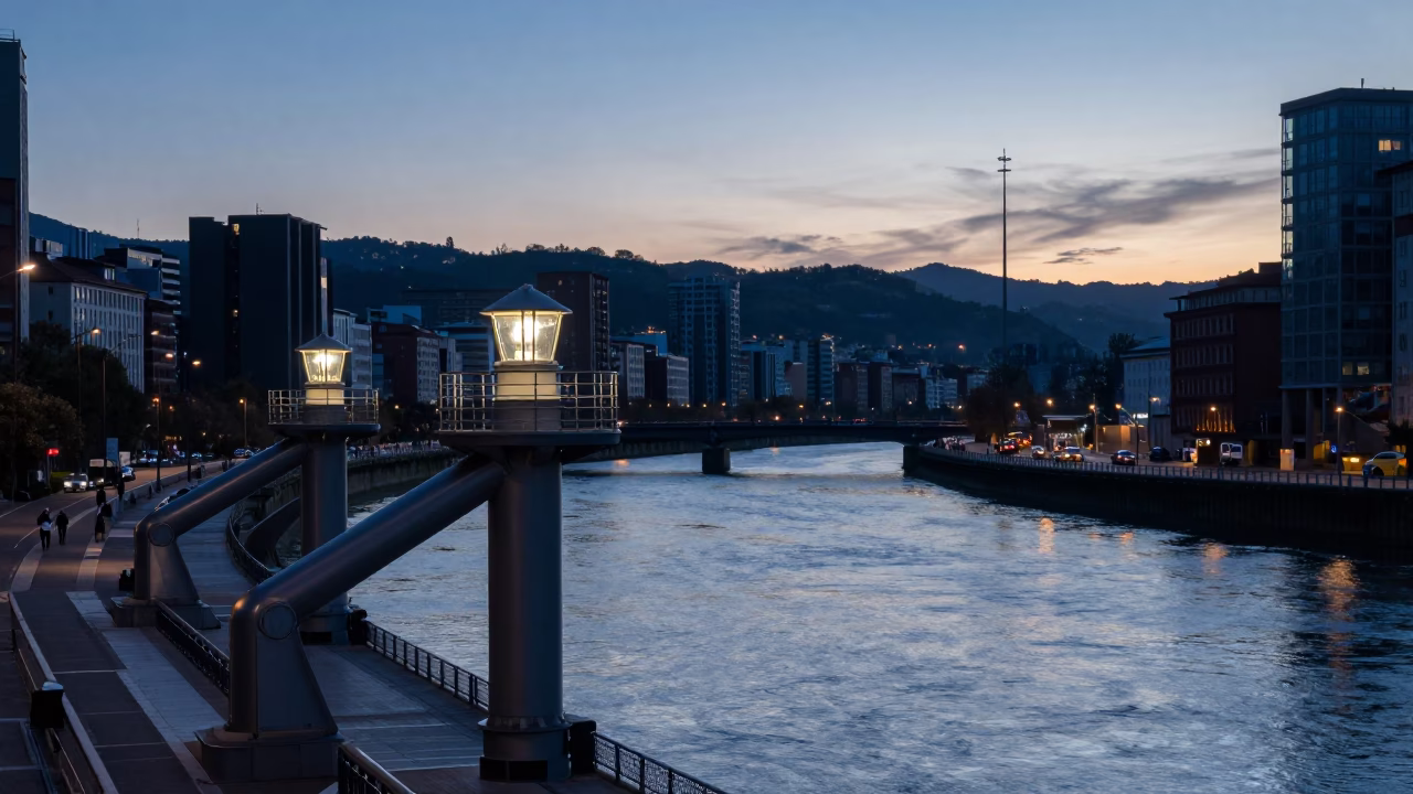Nautical Dawn Light on Bilbao's Nervión River and Industrial Infrastructure in in Bilbao, Spain