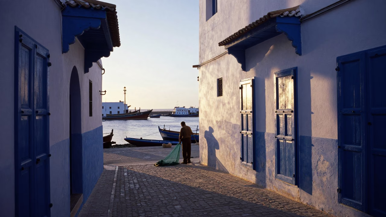Nautical Dawn Light on Blue Portico in Essaouira Morocco Coastal Scene in in Essaouira, Morocco