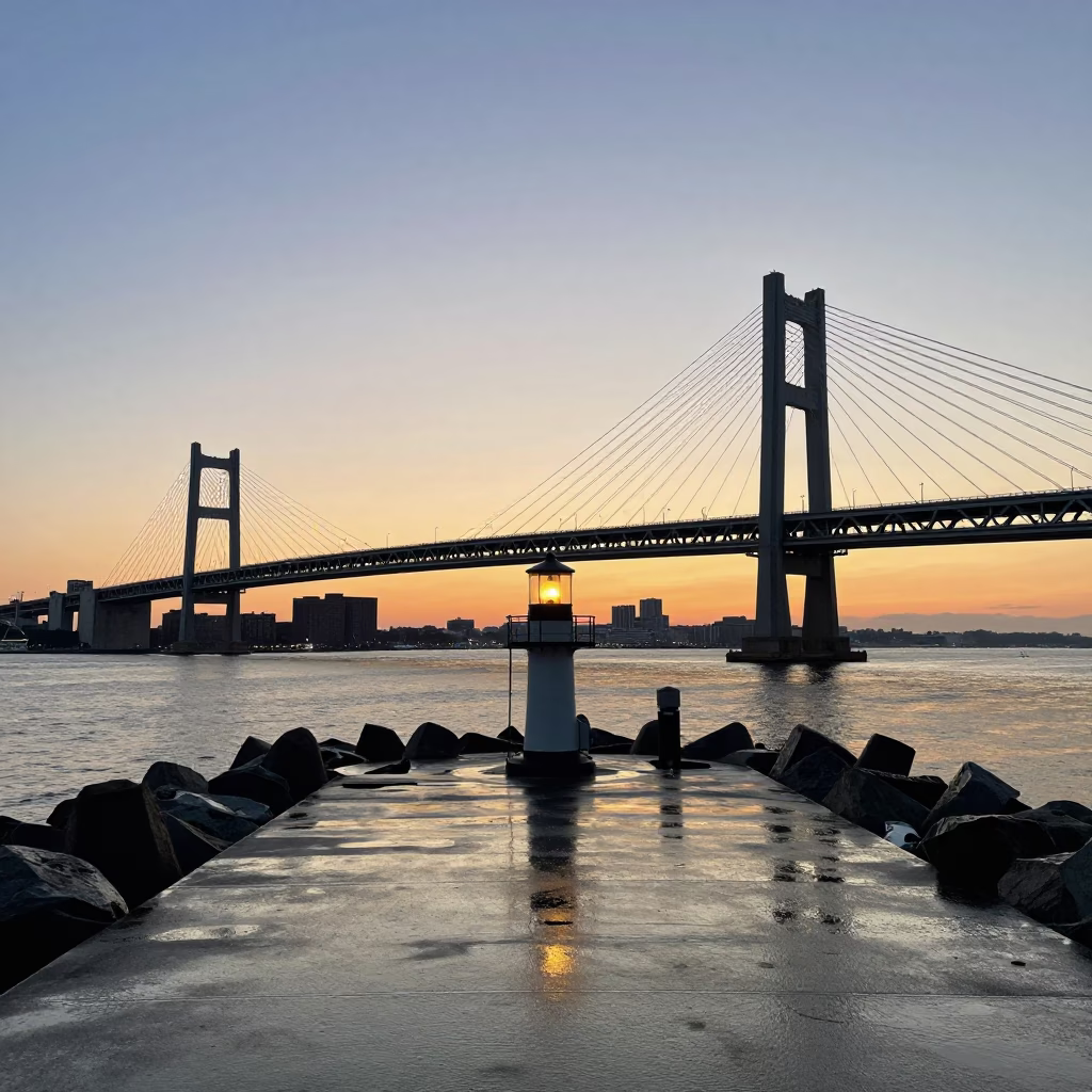 Nautical Dawn Light on Boston Harbor Breakwater and Wet Suspension Bridge Deck in in Boston, Massachusetts, United States