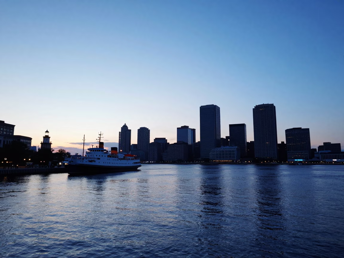 Nautical Dawn Light on Boston Harbor Waterfront with Steamer and City Skyline in in Boston, Massachusetts, United States