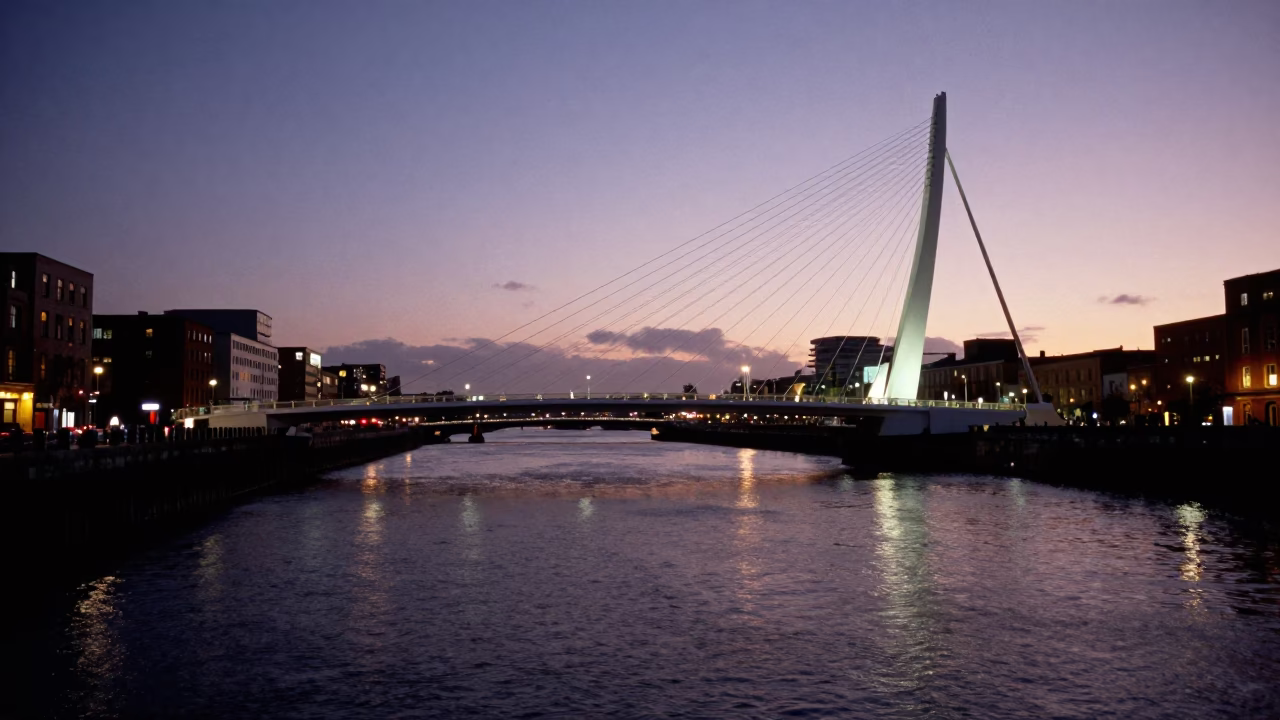 Nautical Dawn Light on Bridge Illuminated in Dublin in in Dublin, Ireland