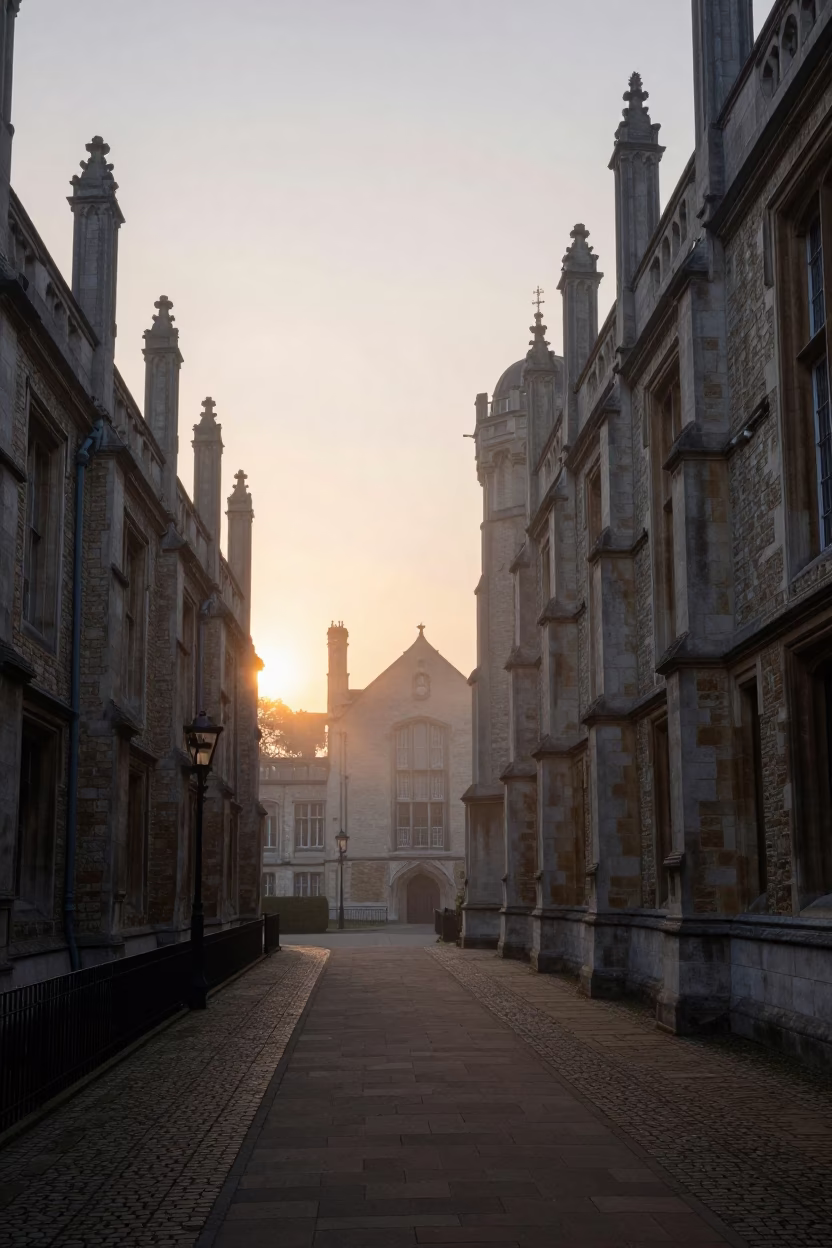 Nautical Dawn Light on Brussels University Cloister Walkway Between Old Stone Buildings in in Brussels, Belgium