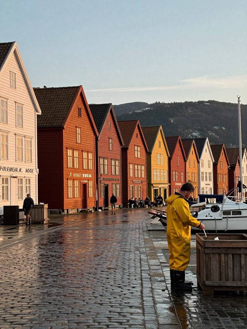 Nautical Dawn Light on Bryggen Wharf with Local Fisherman and Gear in in Bergen, Norway