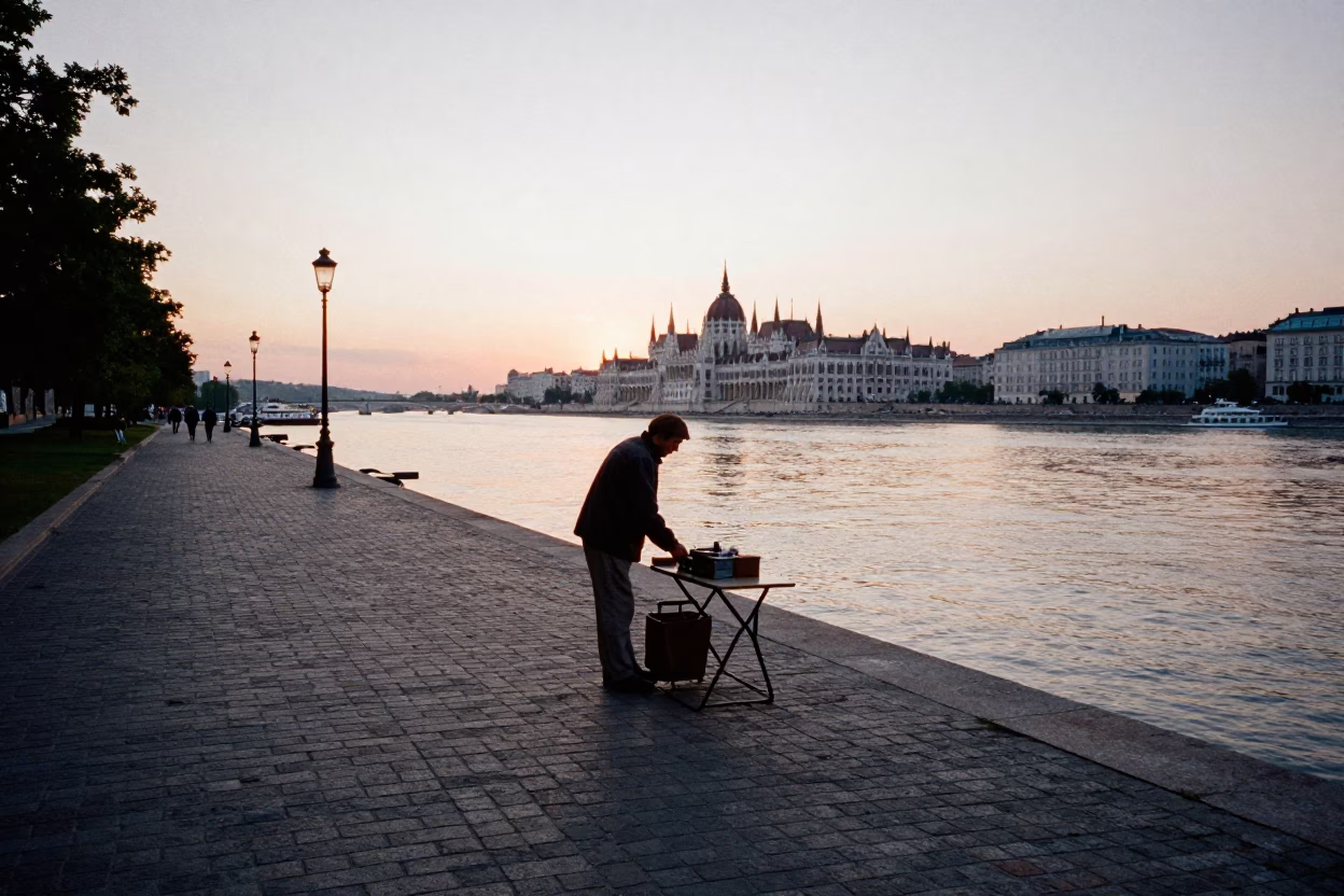 Nautical Dawn Light on Budapest Danube Promenade Street Scene in in Budapest, Hungary