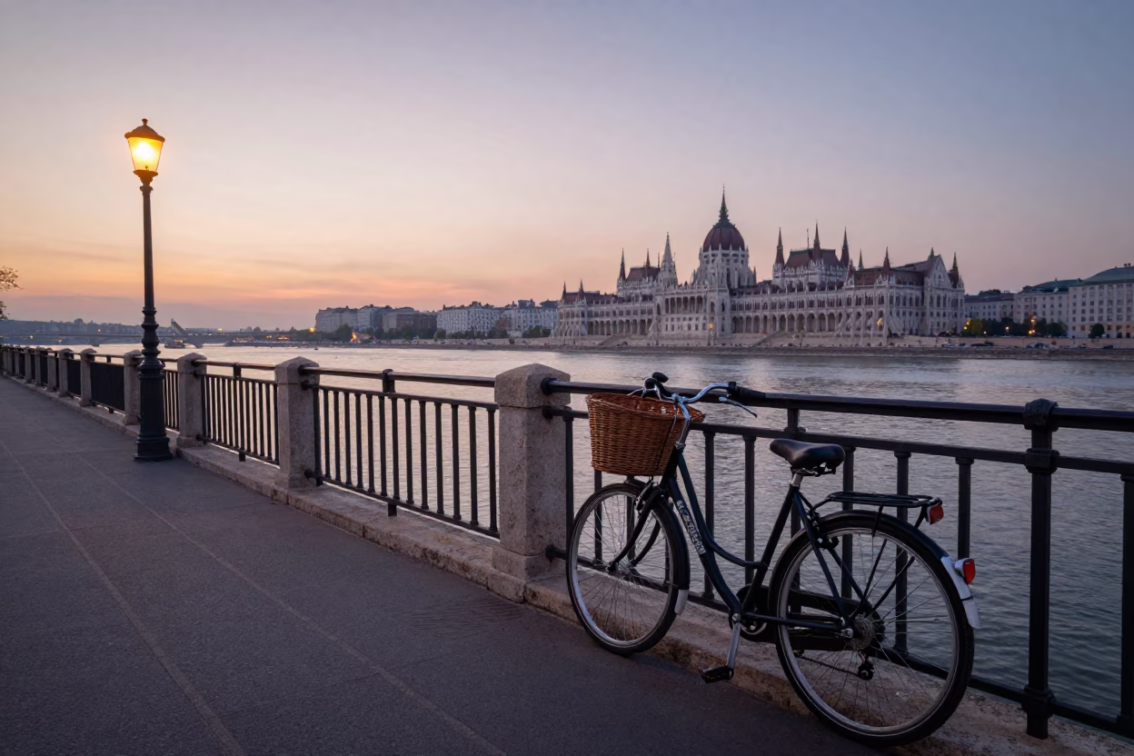 Nautical Dawn Light on Budapest Danube Promenade with Bicycle Basket and Umbrella Stand in in Budapest, Hungary