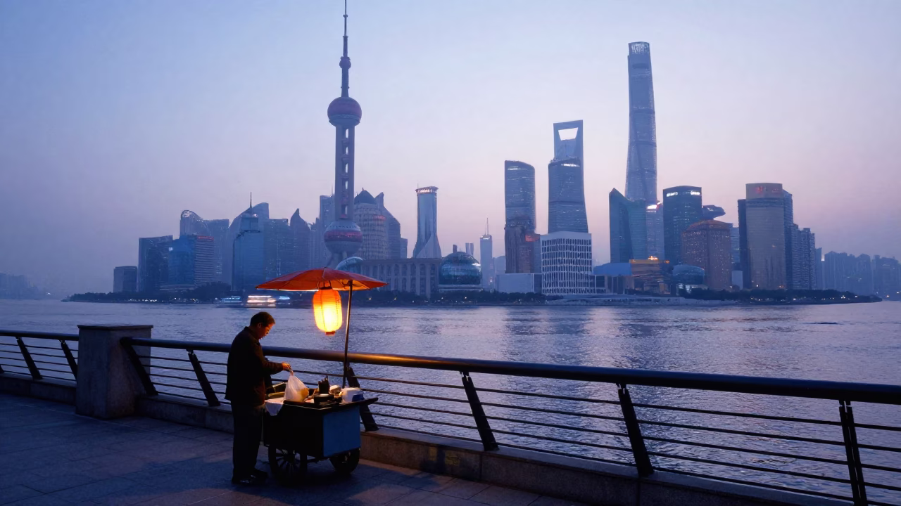 Nautical Dawn Light on Bund Waterfront in Shanghai in in Shanghai, China