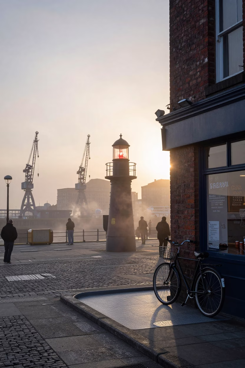 Nautical Dawn Light on Busy Docks in Liverpool in in Liverpool, United Kingdom