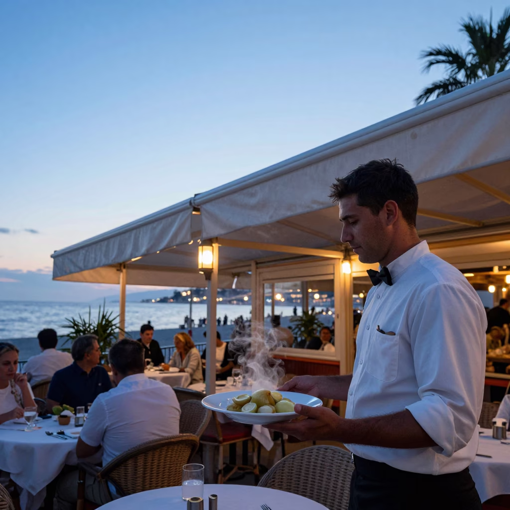 Nautical Dawn Light on Café Terrace in Nice in in Nice, France