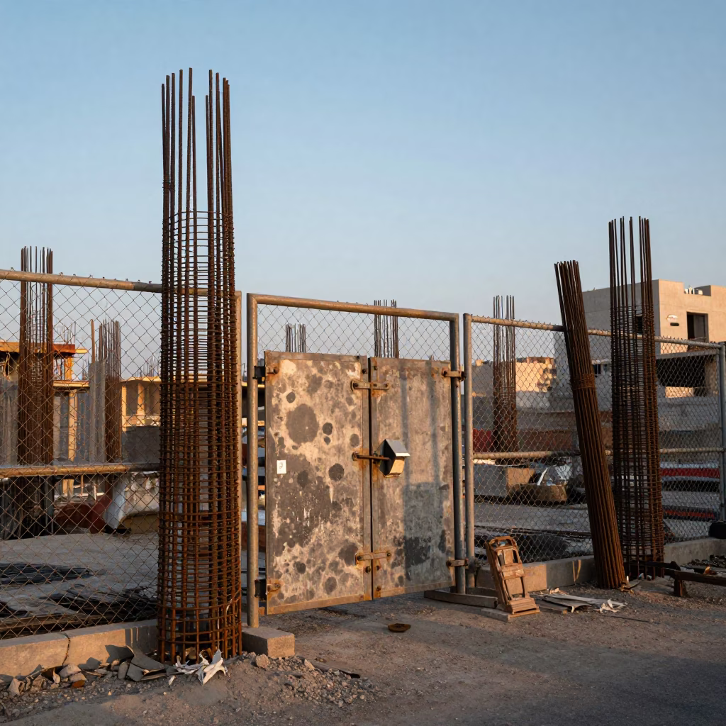 Nautical Dawn Light on Cairo Construction Site with Rebar and Bougainvillea in in Cairo, Egypt