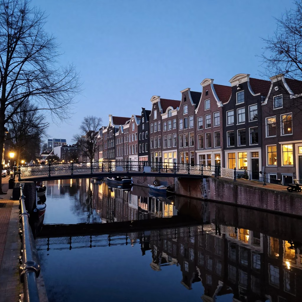 Nautical Dawn Light on Canal Bridge in Amsterdam in in Amsterdam, Netherlands