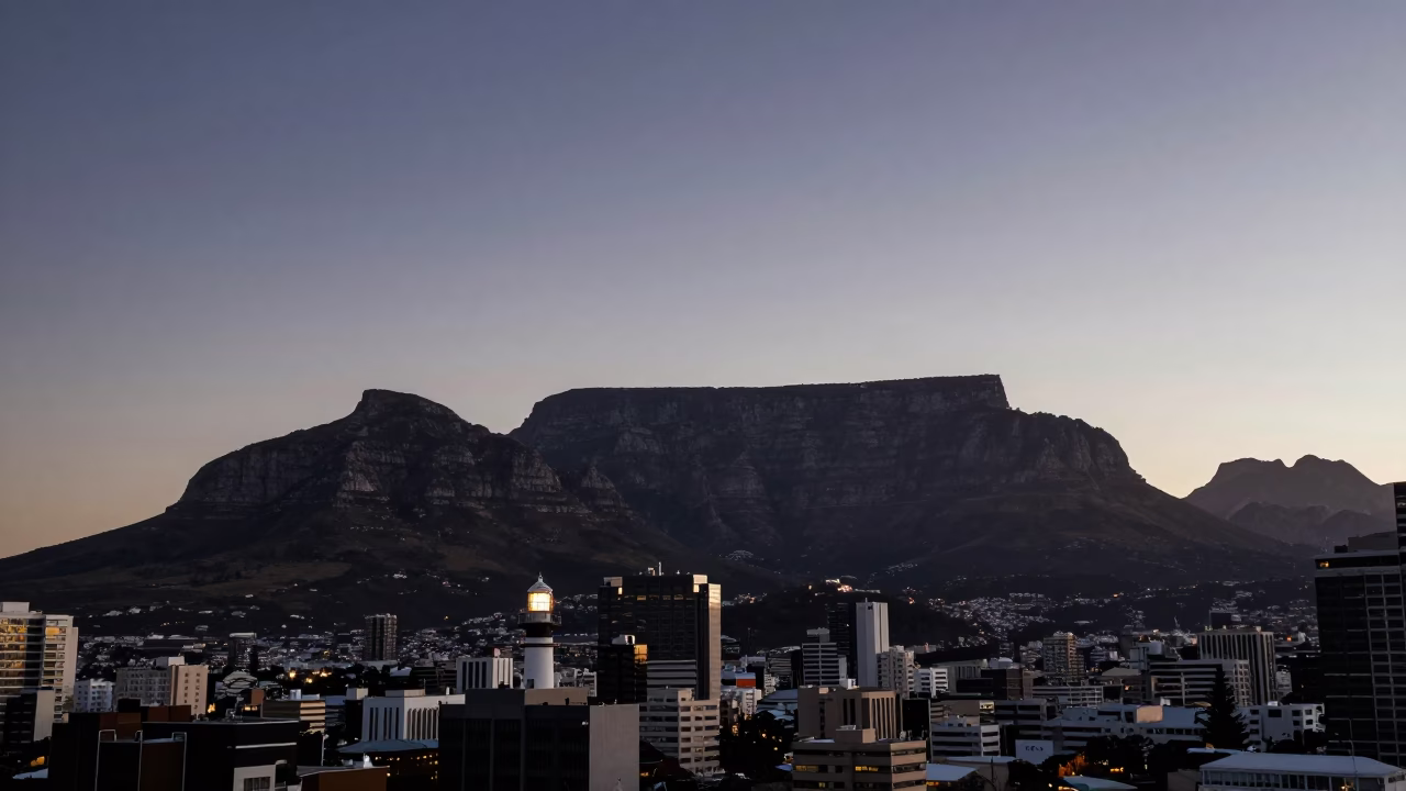 Nautical Dawn Light on Cape Town Table Mountain and Urban Street Life in in Cape Town, South Africa