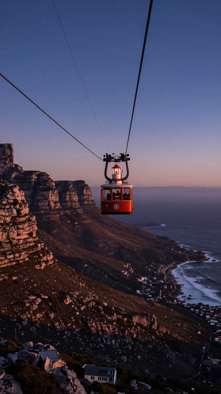 Nautical Dawn Light on Cape Town Table Mountain Cable Car Crossing Valley in in Cape Town, South Africa