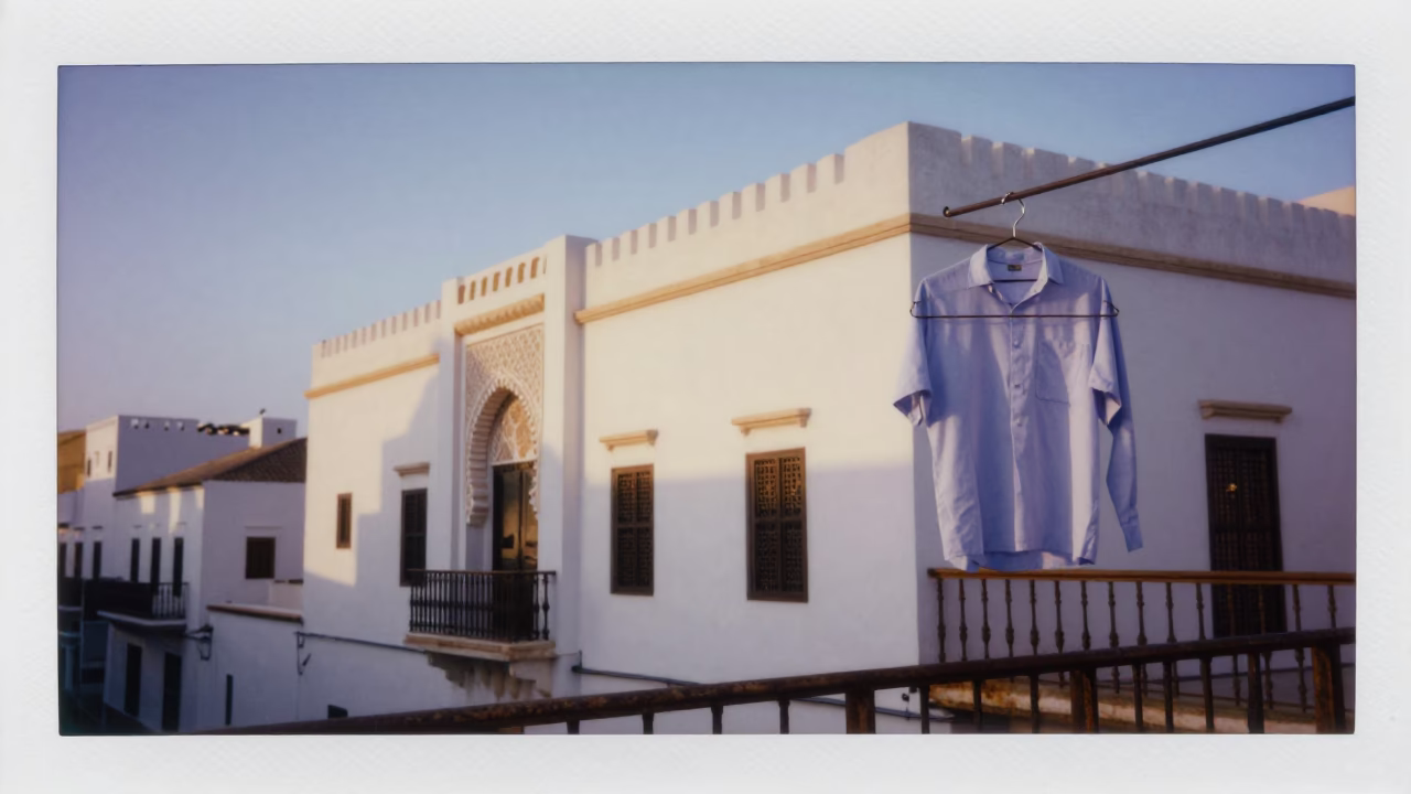 Nautical Dawn Light on Casablanca Architecture with Hanging Shirt Hanger in in Casablanca, Morocco