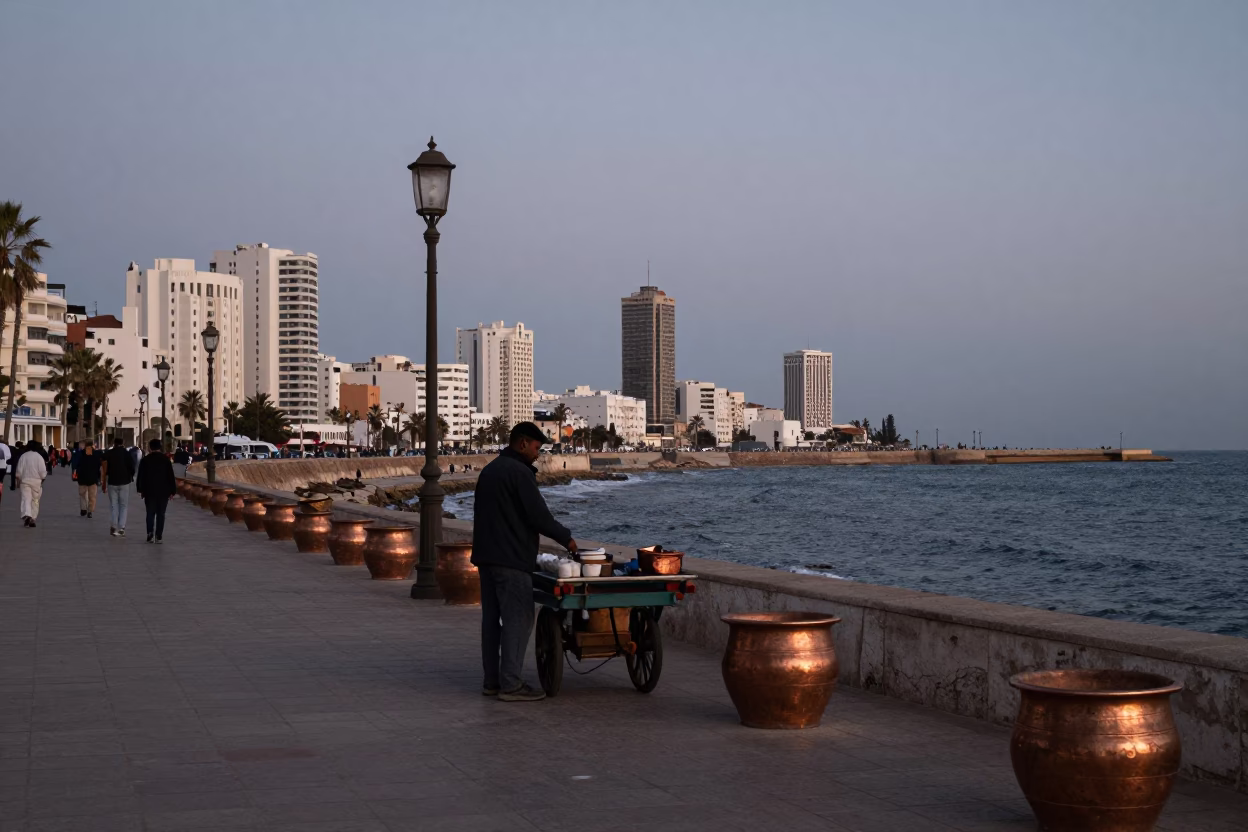 Nautical Dawn Light on Casablanca Corniche with Copper Pots and Street Life in in Casablanca, Morocco