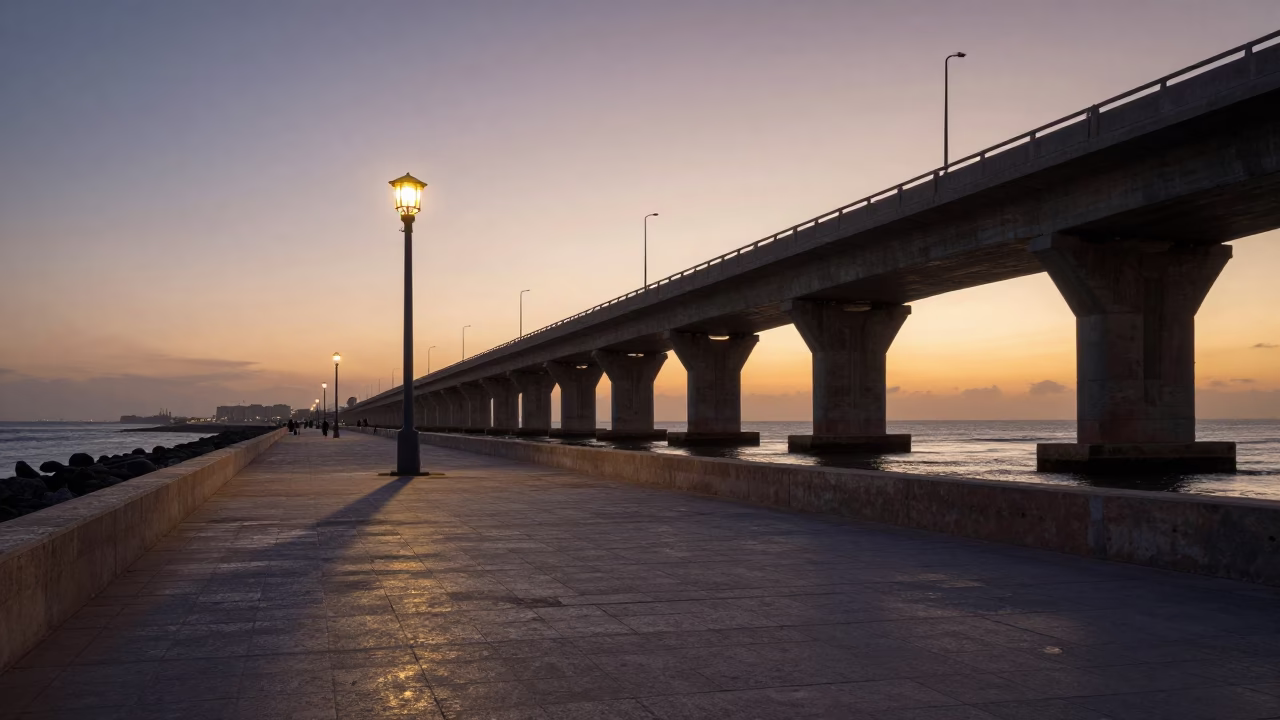 Nautical Dawn Light on Casablanca Corniche with Viaduct Shadow and Local Street Scene in in Casablanca, Morocco
