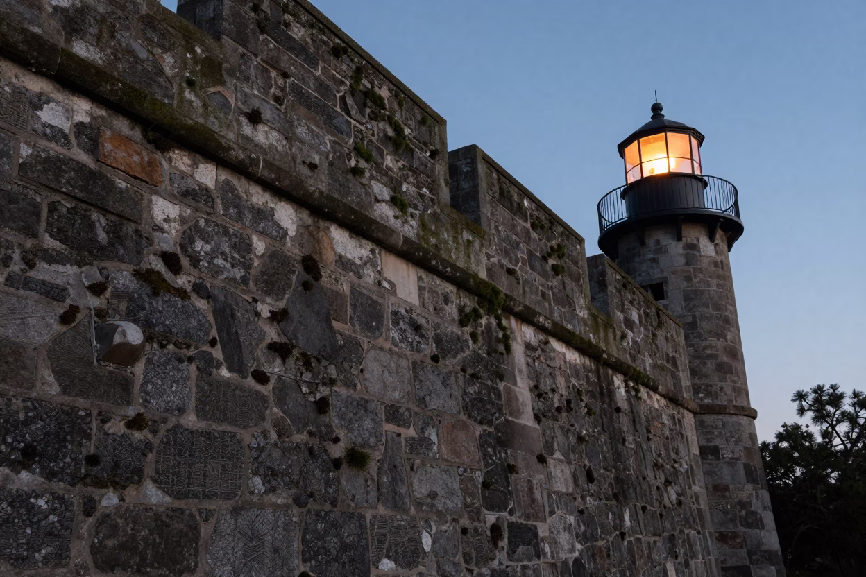 Nautical Dawn Light on Charleston Mossy Stone Wall with Rusting Ship in in Charleston, South Carolina, United States
