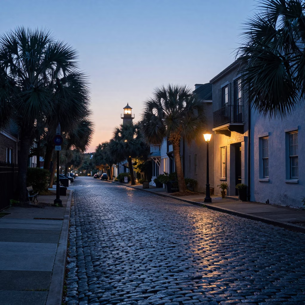 Nautical Dawn Light on Charleston Street with Cobblestone and Historic Architecture in in Charleston, South Carolina, United States