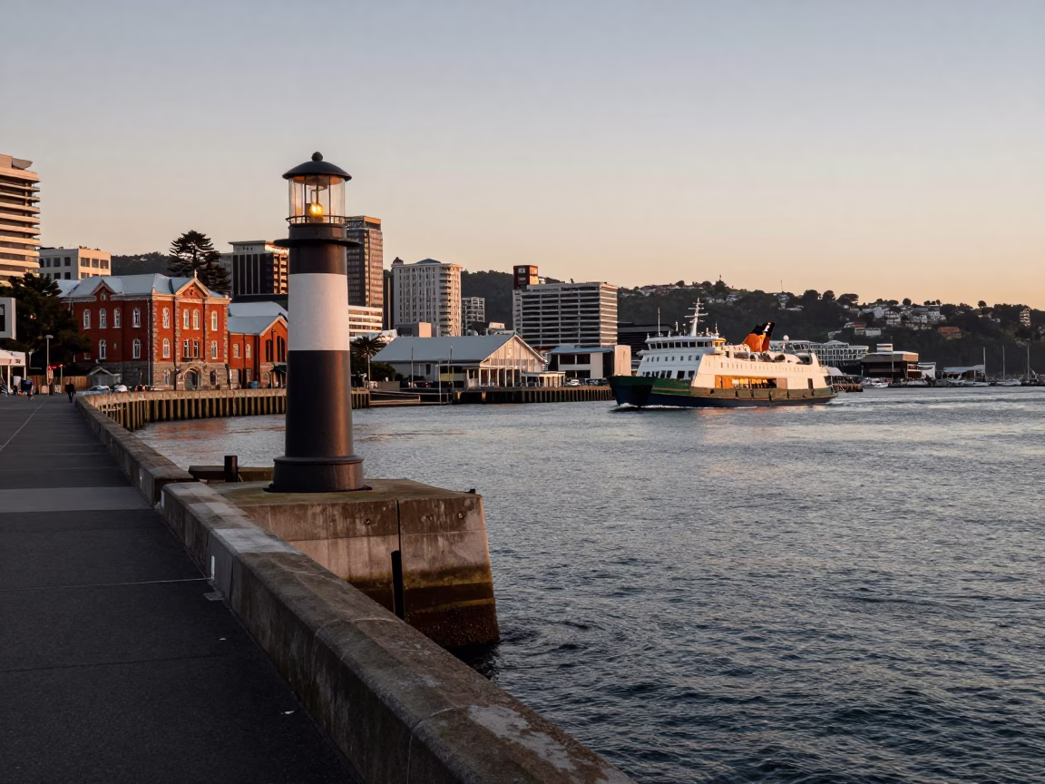 Nautical Dawn Light on Coastal Cityscape in Wellington in in Wellington, New Zealand