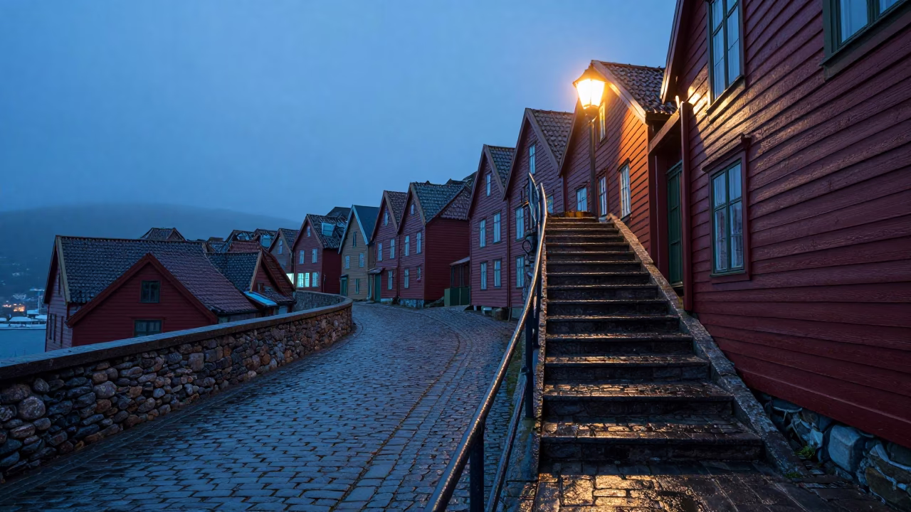 Nautical Dawn Light on Cobblestone Steps and Stair Rail in Bergen Norway in in Bergen, Norway