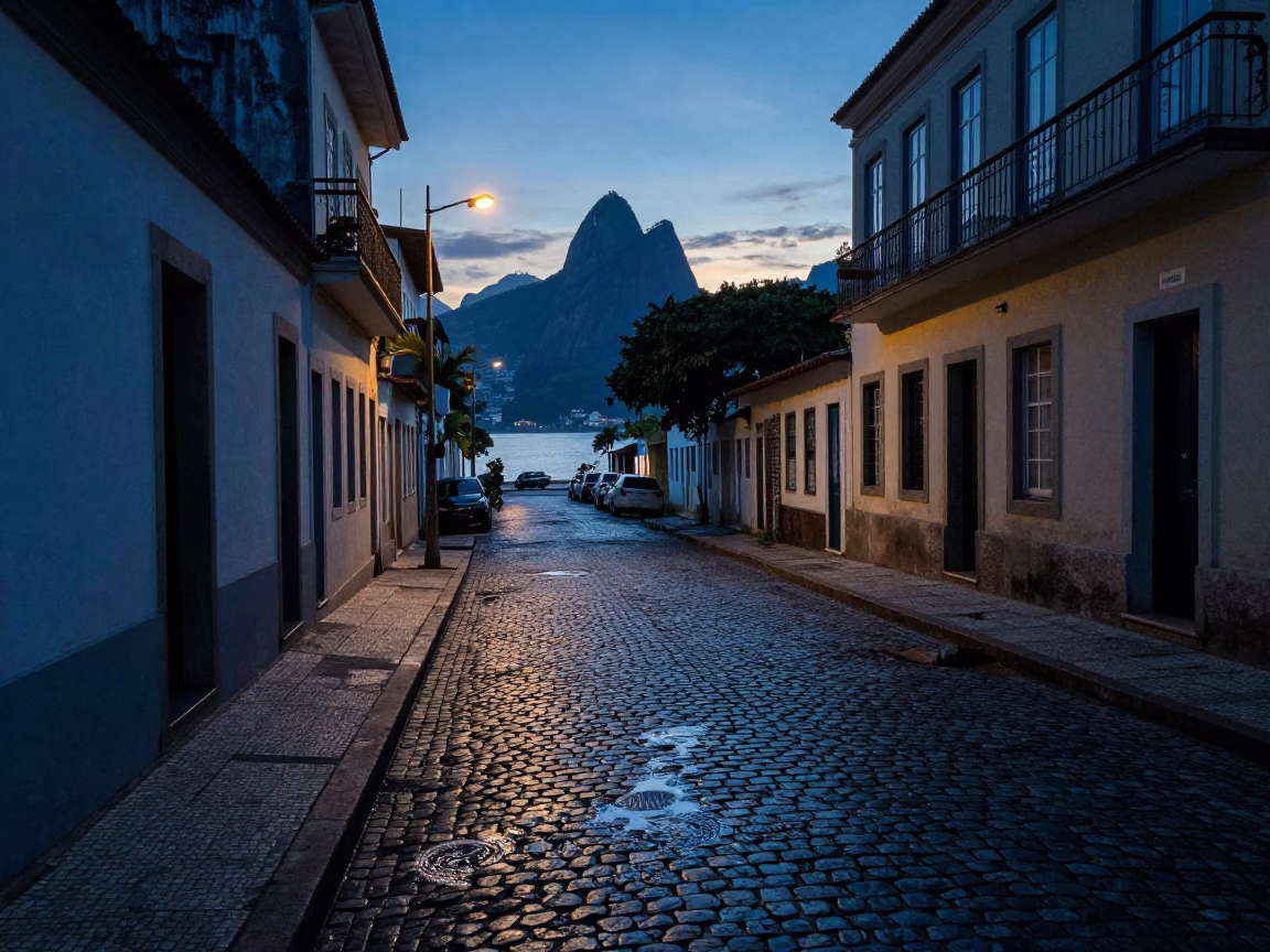 Nautical Dawn Light on Cobblestone Street in Rio de Janeiro Brazil with Tamarind Tree in in Rio de Janeiro, Brazil