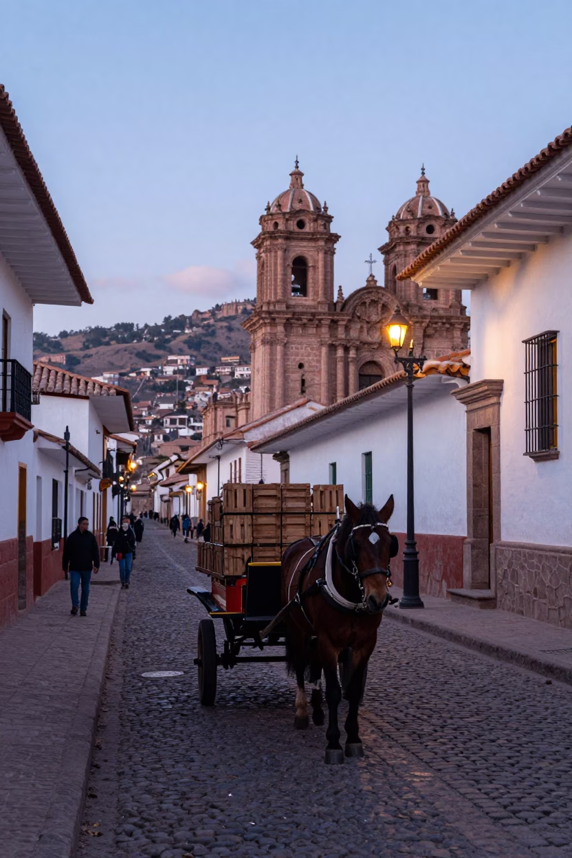 Nautical Dawn Light on Cobblestone Streets with Horse-Drawn Cart in Cusco Peru in in Cusco, Peru