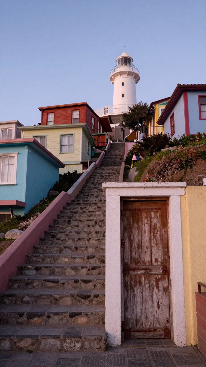 Nautical Dawn Light on Colorful Valparaiso Hillside Staircase with Hanging Laundry in in Valparaiso, Chile