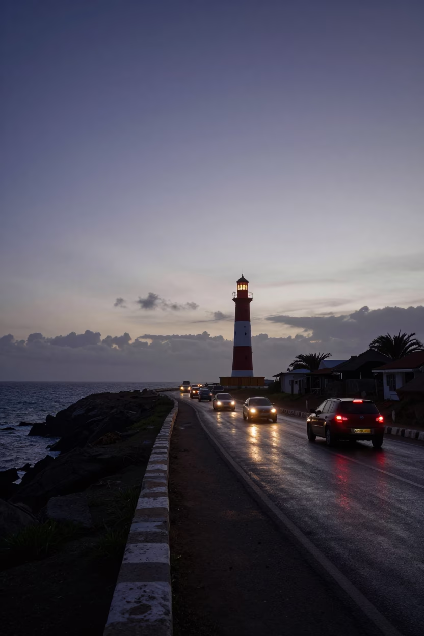 Nautical Dawn Light on Dakar Coastal Road with Traffic and Ocean View in in Dakar, Senegal