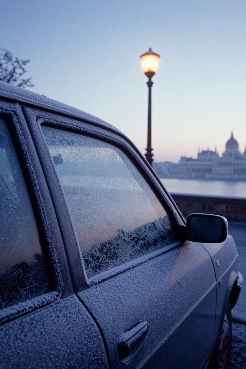 Nautical Dawn Light on Danube Promenade Budapest with Frost Patterns and Urban Details in in Budapest, Hungary