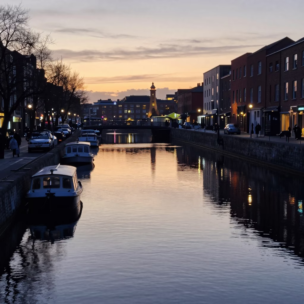 Nautical Dawn Light on Dublin Canal with Rowboat and Cherry Trees in in Dublin, Ireland