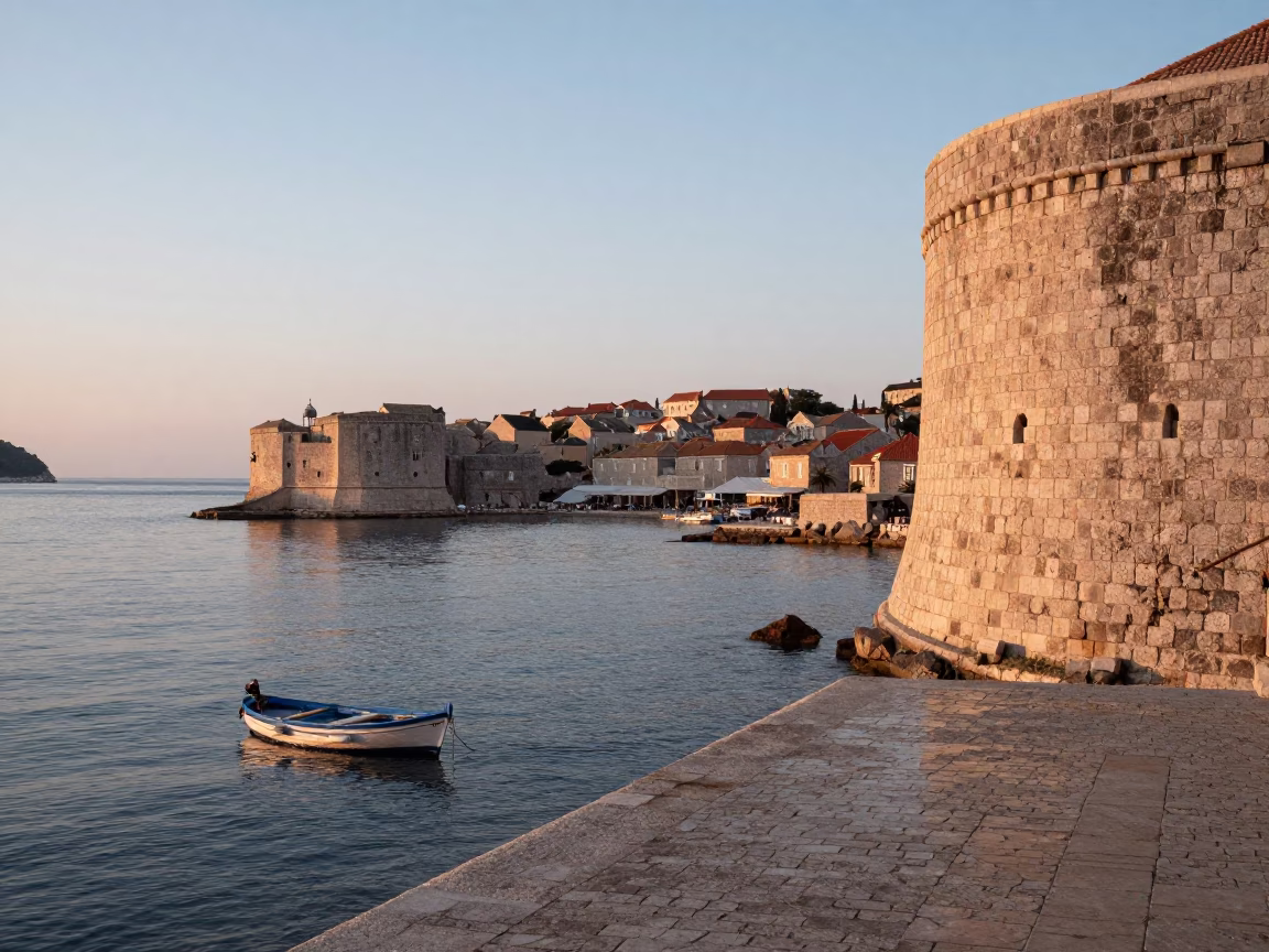 Nautical Dawn Light on Dubrovnik Old Town Harbor and Stone Walls in in Dubrovnik, Croatia